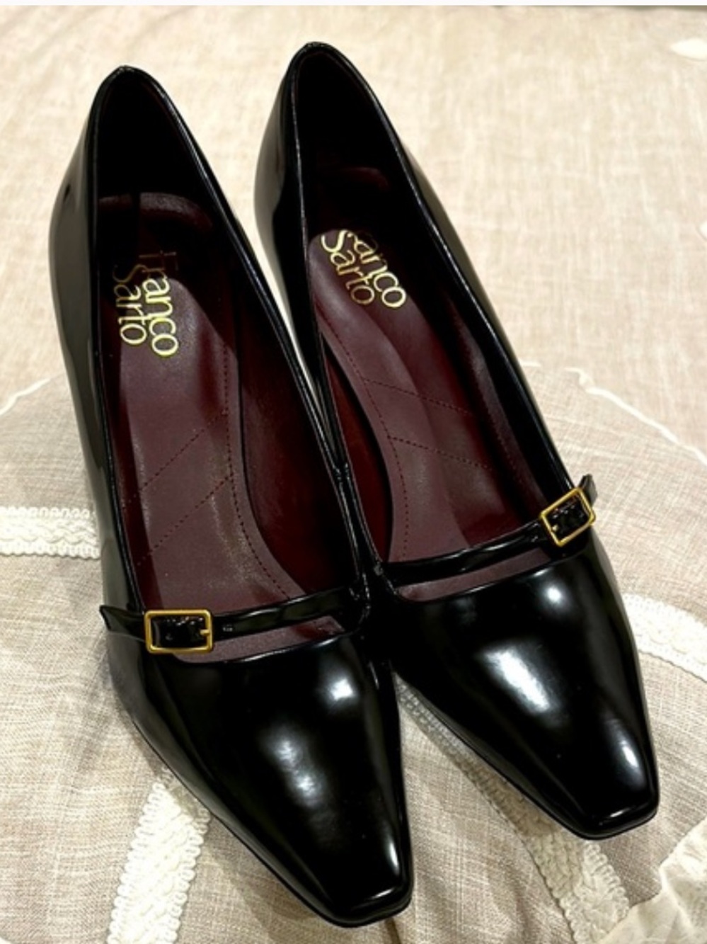Franco Sarto Black Patent Pointed-Toe Heels with Mary-Jane Strap Sz 8.5 3 inch